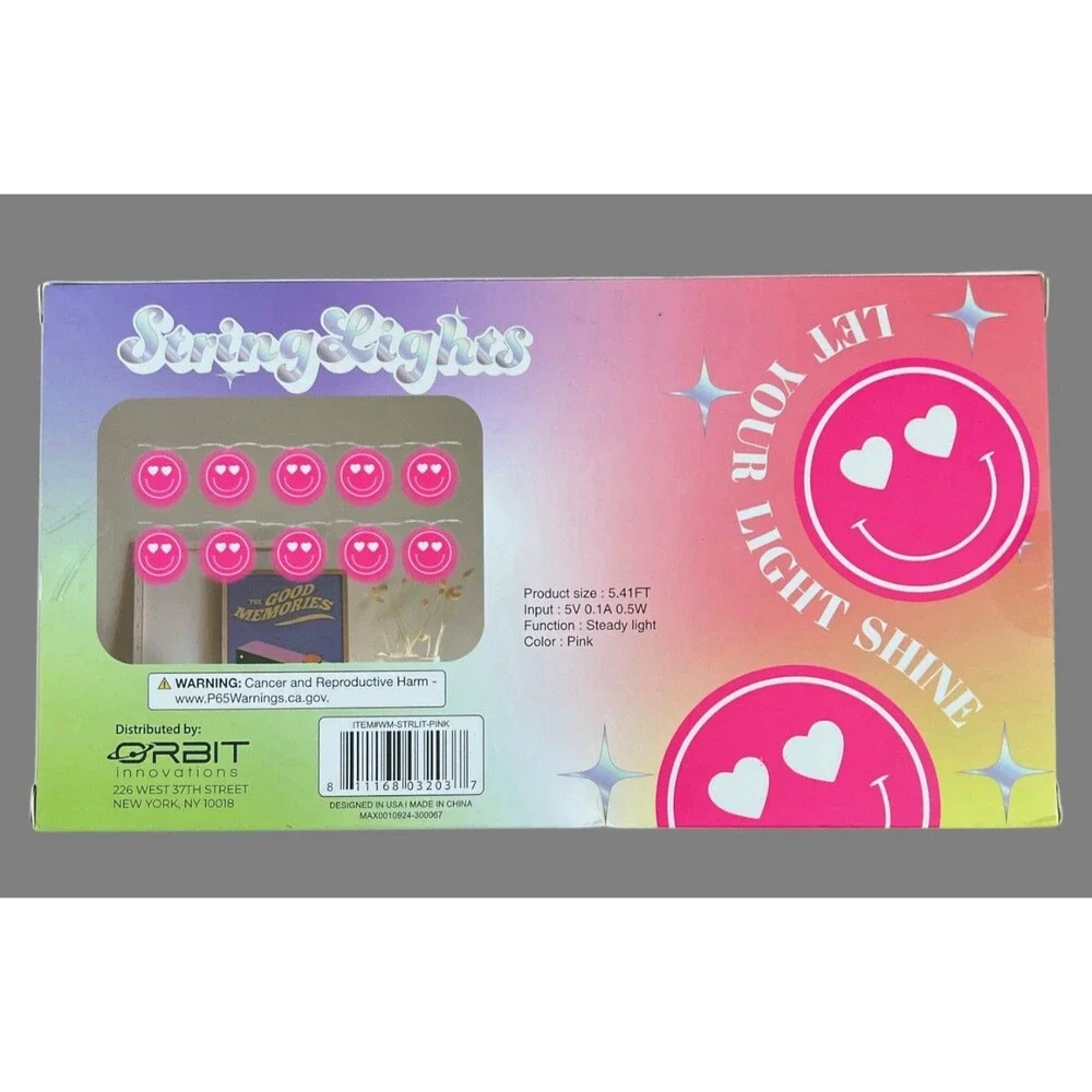 LED Smiley Face String Lights Pink Heart Eyes 21ft Lot Of 4 Party Room Décor New